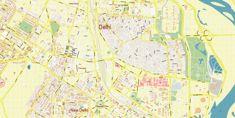 Delhi and New Delhi India Map Vector Exact City Plan High Detailed Street Map editable Adobe Illustrator in layers