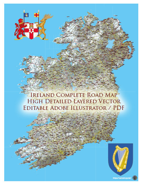 Ireland Full Roads Vector Map, High Detailed Editable Layered Adobe Illustrator all roads, cities, towns ready for print size h1600 mm CMYK