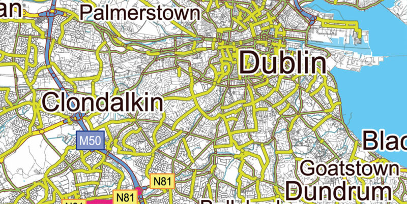 Ireland Full Roads Vector Map, High Detailed Editable Layered Adobe Illustrator all roads, cities, towns ready for print size h1600 mm CMYK