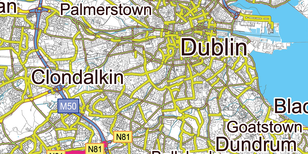 9 Ireland Full Roads PDF Vector Map, High Detailed Editable Layered Adobe PDF all roads, cities, towns ready for print size h1600 mm CMYK