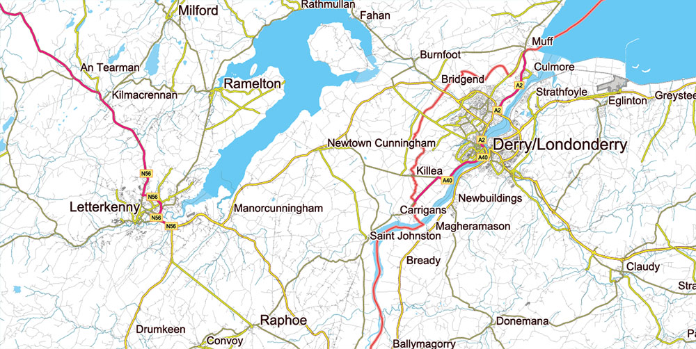 9 Ireland Full Roads PDF Vector Map, High Detailed Editable Layered Adobe PDF all roads, cities, towns ready for print size h1600 mm CMYK