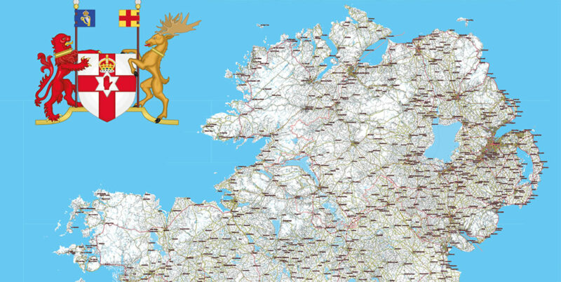 Ireland Full Roads Vector Map, High Detailed Editable Layered Adobe Illustrator all roads, cities, towns ready for print size h1600 mm CMYK