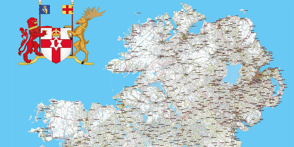 9 Ireland Full Roads PDF Vector Map, High Detailed Editable Layered Adobe PDF all roads, cities, towns ready for print size h1600 mm CMYK