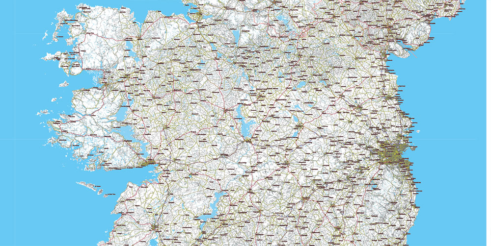 9 Ireland Full Roads PDF Vector Map, High Detailed Editable Layered Adobe PDF all roads, cities, towns ready for print size h1600 mm CMYK