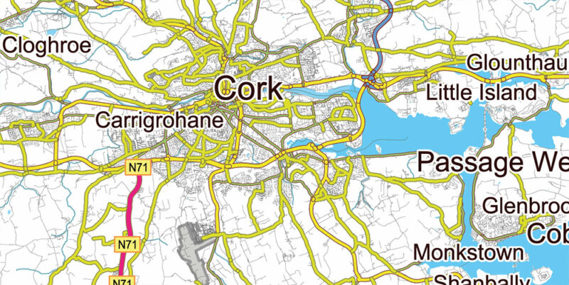 Ireland Full Roads Vector Map, High Detailed Editable Layered Adobe Illustrator all roads, cities, towns ready for print size h1600 mm CMYK
