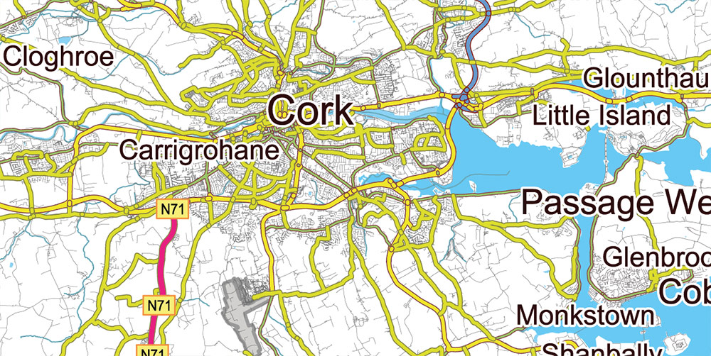 9 Ireland Full Roads PDF Vector Map, High Detailed Editable Layered Adobe PDF all roads, cities, towns ready for print size h1600 mm CMYK
