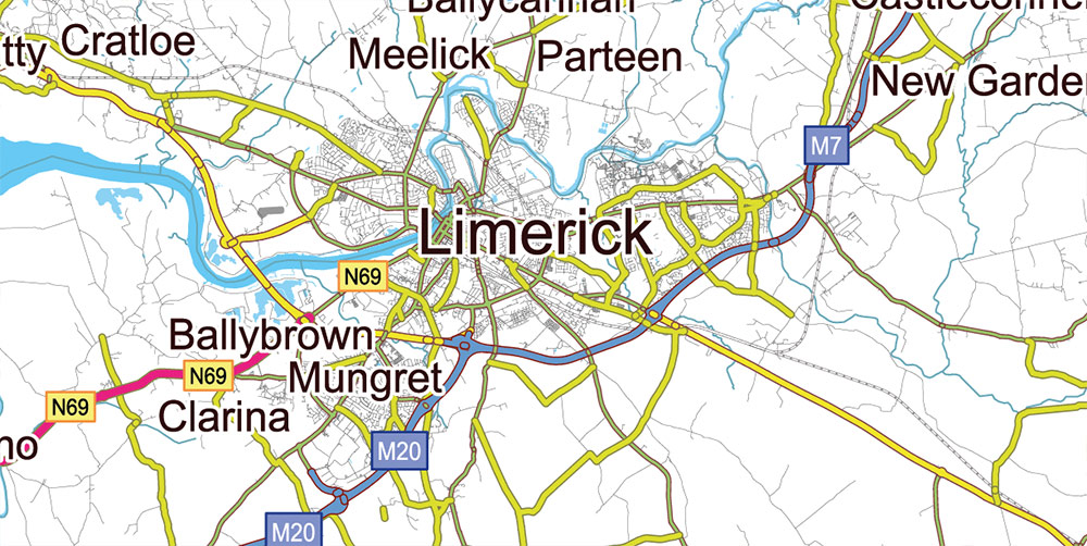 9 Ireland Full Roads PDF Vector Map, High Detailed Editable Layered Adobe PDF all roads, cities, towns ready for print size h1600 mm CMYK