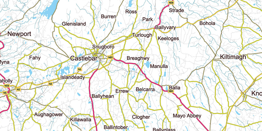 9 Ireland Full Roads PDF Vector Map, High Detailed Editable Layered Adobe PDF all roads, cities, towns ready for print size h1600 mm CMYK