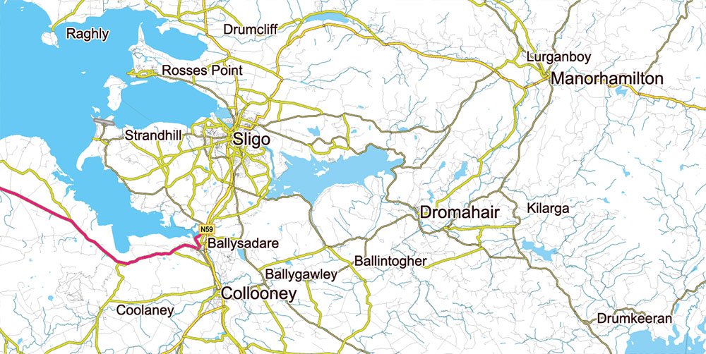 9 Ireland Full Roads PDF Vector Map, High Detailed Editable Layered Adobe PDF all roads, cities, towns ready for print size h1600 mm CMYK