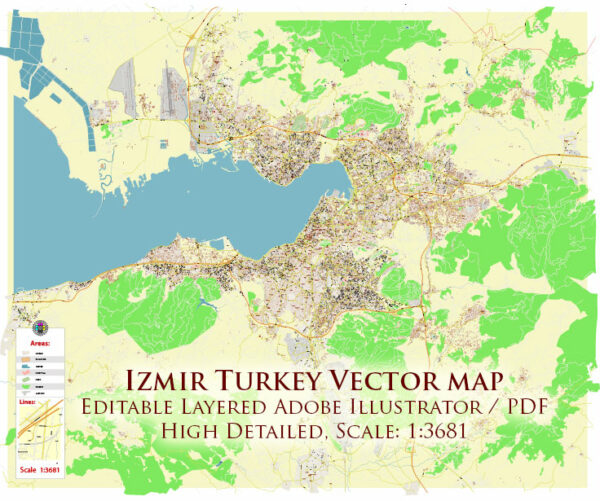 Izmir Turkey Map Vector Exact City Plan High Detailed Street Map editable Adobe Illustrator in layers