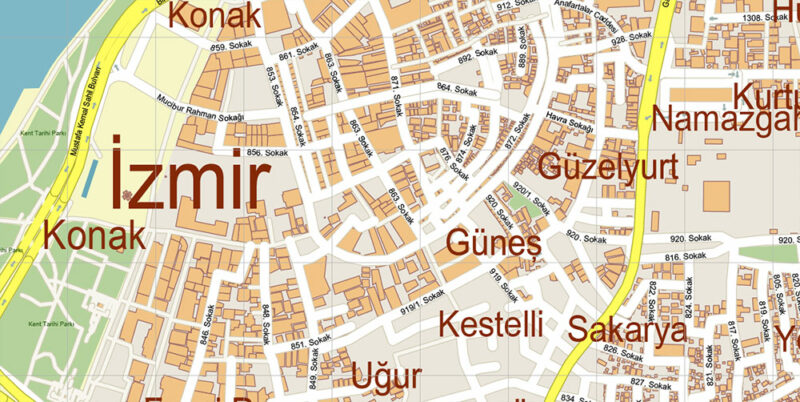Izmir Turkey Map Vector Exact City Plan High Detailed Street Map editable Adobe Illustrator in layers