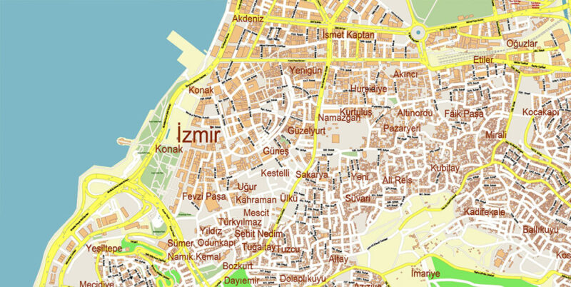 Izmir Turkey Map Vector Exact City Plan High Detailed Street Map editable Adobe Illustrator in layers