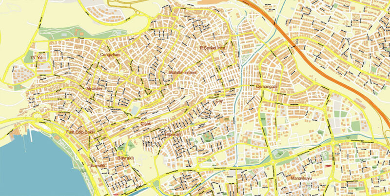 Izmir Turkey Map Vector Exact City Plan High Detailed Street Map editable Adobe Illustrator in layers