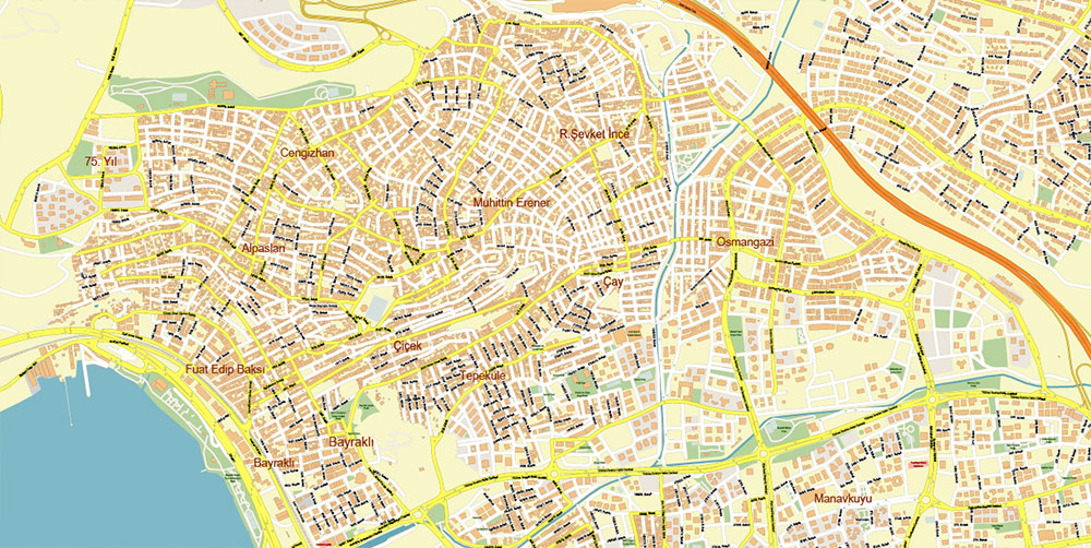 Izmir Turkey PDF Map Vector Exact City Plan High Detailed Street Map editable Adobe PDF in layers