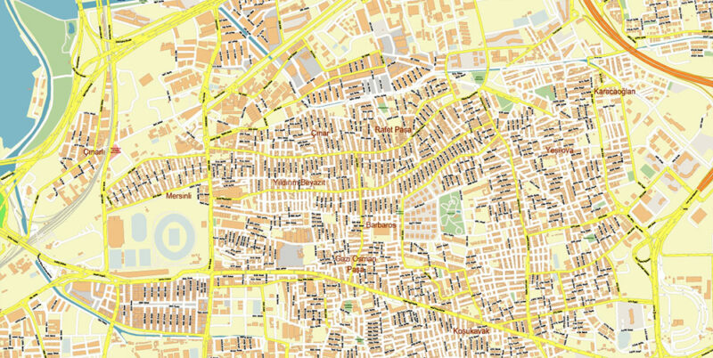 Izmir Turkey Map Vector Exact City Plan High Detailed Street Map editable Adobe Illustrator in layers