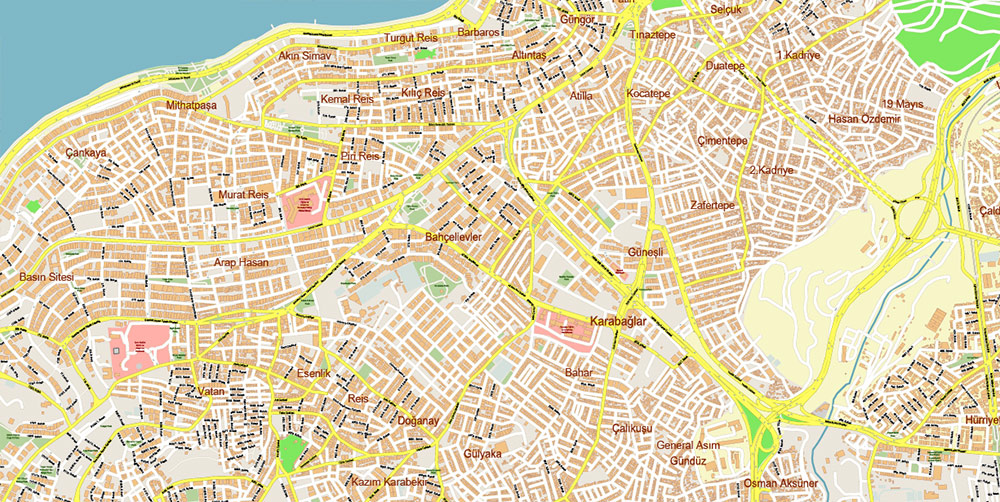Izmir Turkey PDF Map Vector Exact City Plan High Detailed Street Map editable Adobe PDF in layers