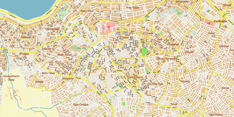 Izmir Turkey Map Vector Exact City Plan High Detailed Street Map editable Adobe Illustrator in layers