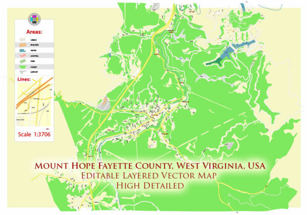 Mount Hope Fayette County West Virginia USA Map Vector Exact Plan High Detailed Street Map editable Adobe Illustrator in layers