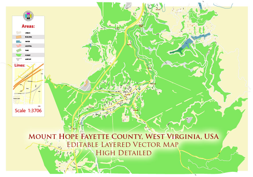 Mount Hope Fayette County West Virginia USA Map Vector Exact Plan High Detailed Street Map editable Adobe Illustrator in layers