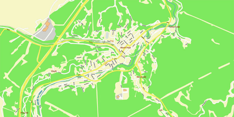 Mount Hope Fayette County West Virginia USA Map Vector Exact Plan High Detailed Street Map editable Adobe Illustrator in layers