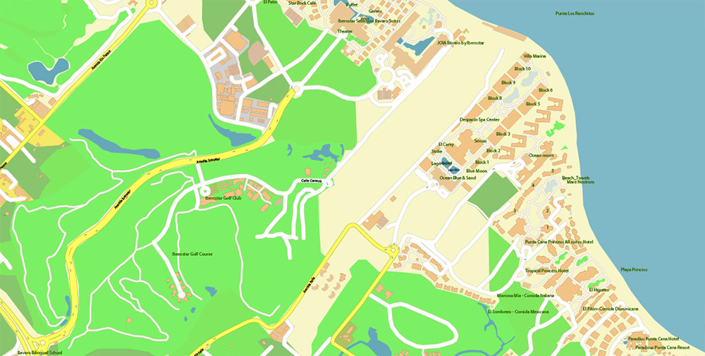 Punta Cana / Bavaro Rep. Dominicana Map Vector Exact City Plan High Detailed Street Map editable Adobe Illustrator in layers