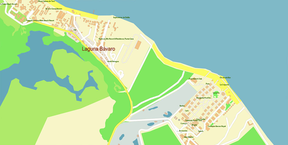 Punta Cana / Bavaro Rep. Dominicana Map Vector Exact City Plan High Detailed Street Map editable Adobe Illustrator in layers