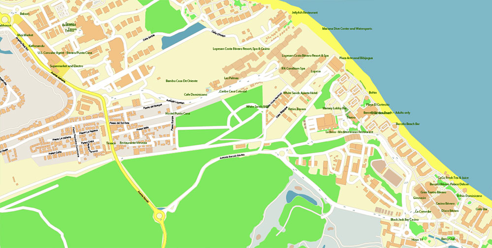 Punta Cana / Bavaro Rep. Dominicana Map Vector Exact City Plan High Detailed Street Map editable Adobe Illustrator in layers