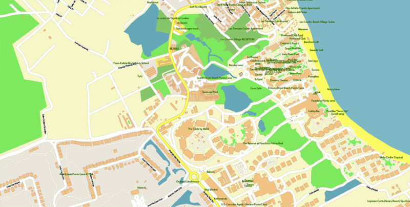 Punta Cana / Bavaro Rep. Dominicana Map Vector Exact City Plan High Detailed Street Map editable Adobe Illustrator in layers