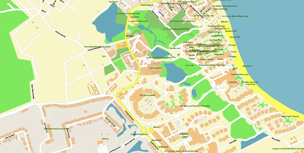 Punta Cana / Bavaro Rep. Dominicana Map Vector Exact City Plan High Detailed Street Map editable Adobe Illustrator in layers