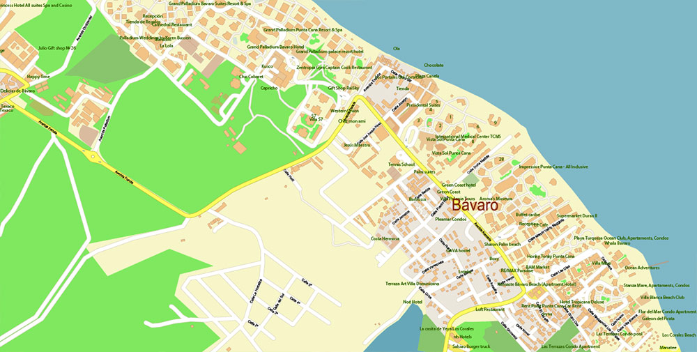 Punta Cana / Bavaro Rep. Dominicana Map Vector Exact City Plan High Detailed Street Map editable Adobe Illustrator in layers