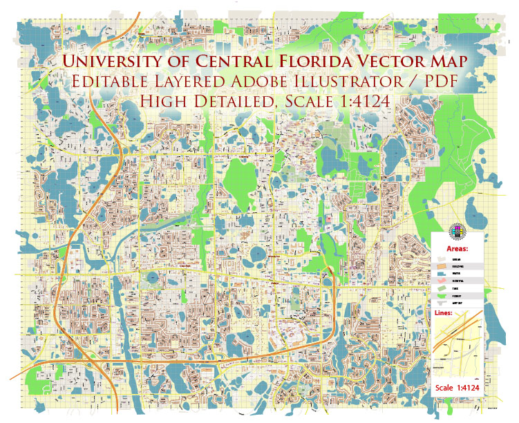 University of Central Florida US Map Vector Exact Plan High Detailed Street Map editable Adobe Illustrator in layers