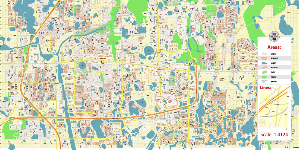 University of Central Florida US Map Vector Exact Plan High Detailed Street Map editable Adobe Illustrator in layers