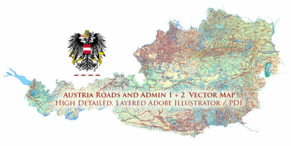 Austria Full Vector Map high detailed all road map + admin 1, 2 areas + cities, towns and water objects editable Layered Adobe Illustrator