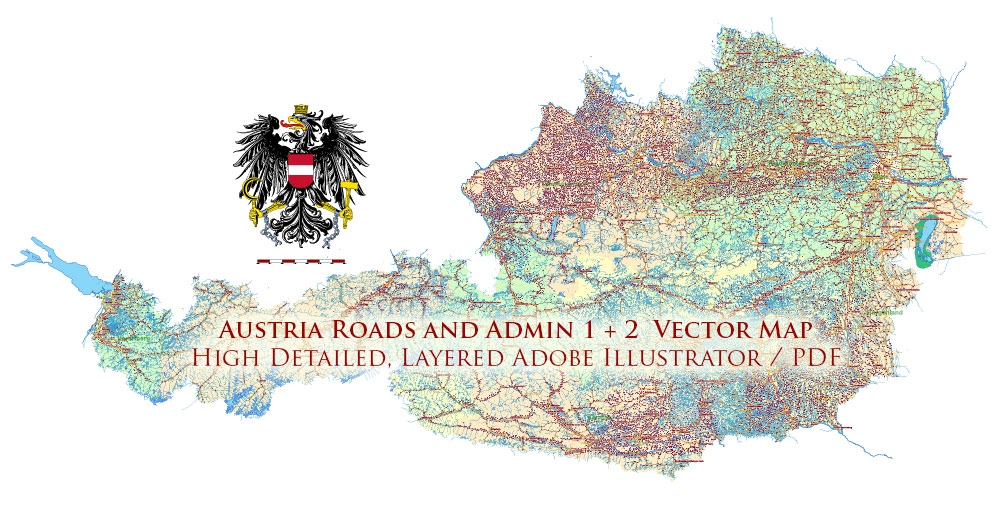 Austria Full Vector Map high detailed all road map + admin 1, 2 areas + cities, towns and water objects editable Layered Adobe Illustrator