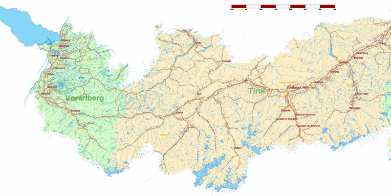Austria Full Vector Map high detailed all road map + admin 1, 2 areas + cities, towns and water objects editable Layered Adobe Illustrator