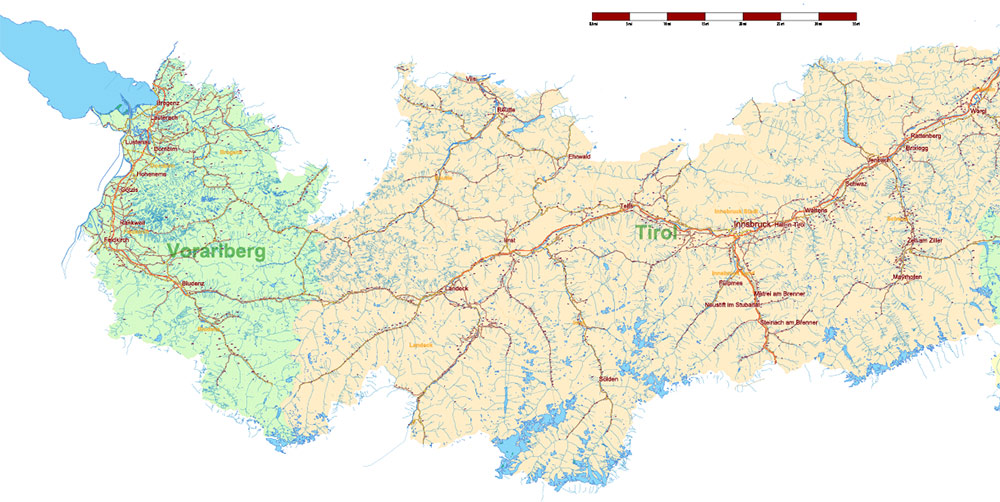Austria Full Vector Map high detailed all road map + admin 1, 2 areas + cities, towns and water objects editable Layered Adobe Illustrator