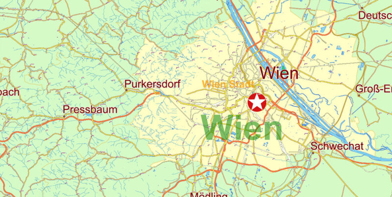 Austria Full Vector Map high detailed all road map + admin 1, 2 areas + cities, towns and water objects editable Layered Adobe Illustrator