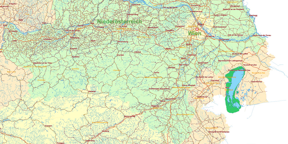 Austria Full Vector Map high detailed all road map + admin 1, 2 areas + cities, towns and water objects editable Layered Adobe Illustrator