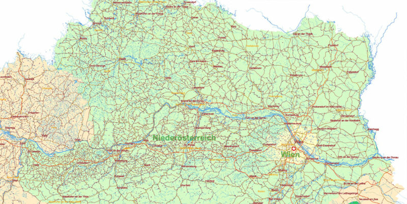 Austria Full Vector Map high detailed all road map + admin 1, 2 areas + cities, towns and water objects editable Layered Adobe Illustrator