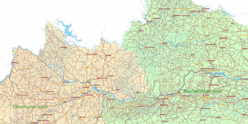 Austria Full Vector Map high detailed all road map + admin 1, 2 areas + cities, towns and water objects editable Layered Adobe Illustrator