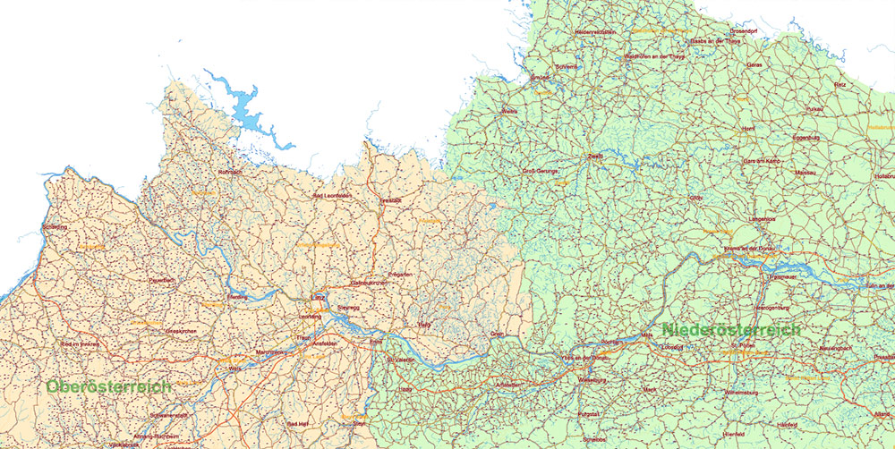 Austria Full Vector Map high detailed all road map + admin 1, 2 areas + cities, towns and water objects editable Layered Adobe Illustrator