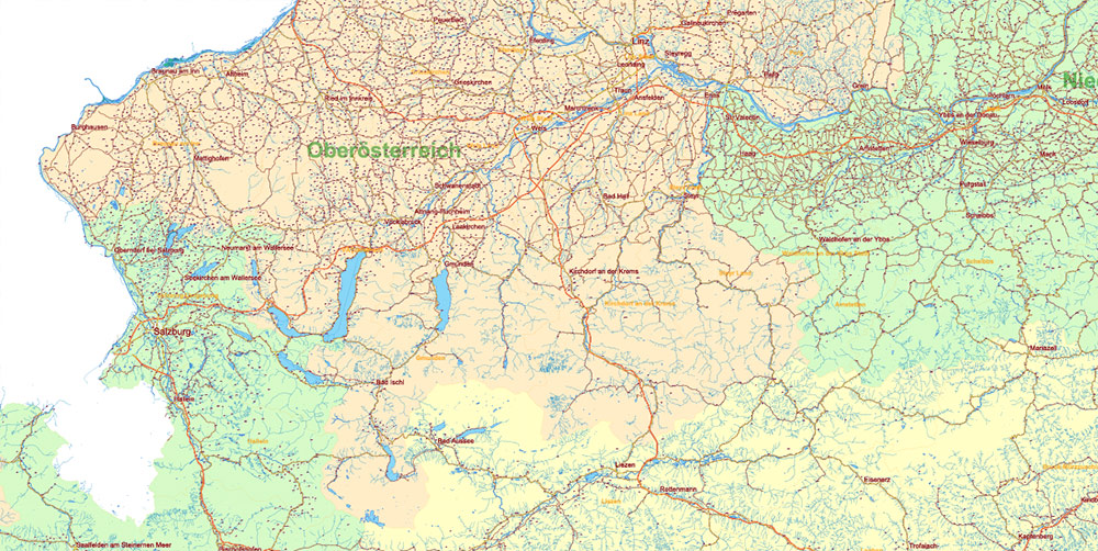 Austria Full Vector Map high detailed all road map + admin 1, 2 areas + cities, towns and water objects editable Layered Adobe Illustrator