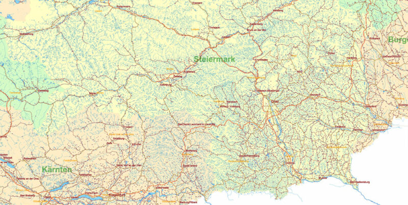 Austria Full Vector Map high detailed all road map + admin 1, 2 areas + cities, towns and water objects editable Layered Adobe Illustrator
