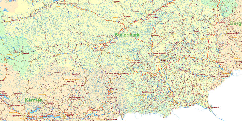 Austria Full Vector Map high detailed all road map + admin 1, 2 areas + cities, towns and water objects editable Layered Adobe Illustrator