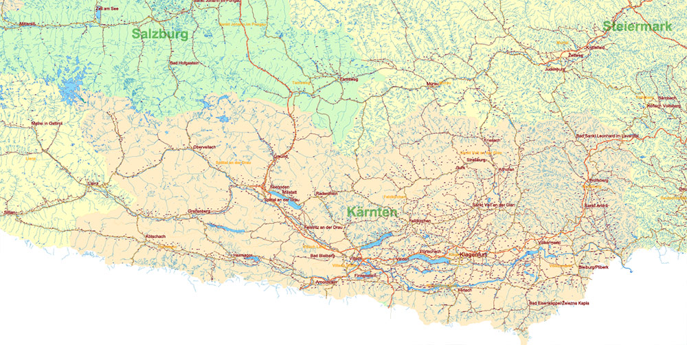 Austria Full Vector Map high detailed all road map + admin 1, 2 areas + cities, towns and water objects editable Layered Adobe Illustrator