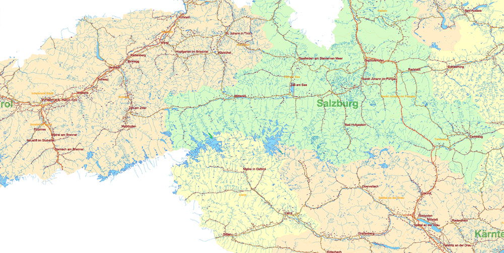 Austria Full Vector Map high detailed all road map + admin 1, 2 areas + cities, towns and water objects editable Layered Adobe Illustrator