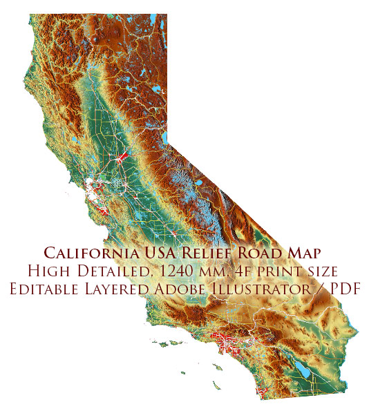 California State US Map Vector Exact High Detailed Roads Map + Relief Topo (raster) editable Adobe Illustrator in layers