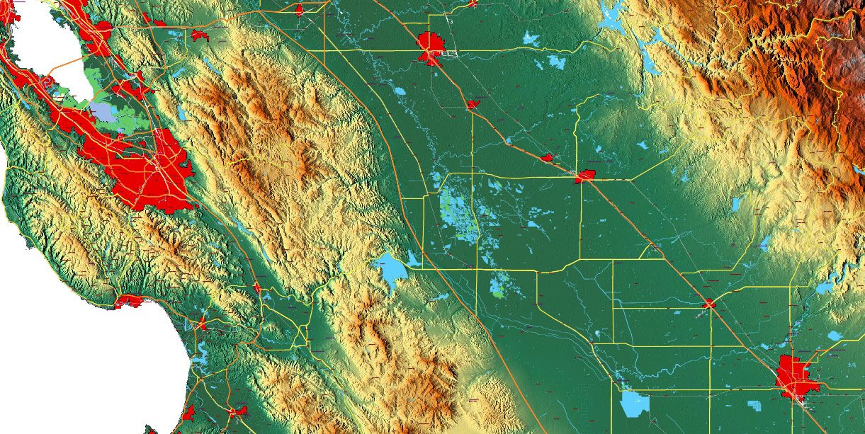 California State US Map Vector Exact High Detailed Roads Map + Relief Topo (raster) editable Adobe Illustrator in layers