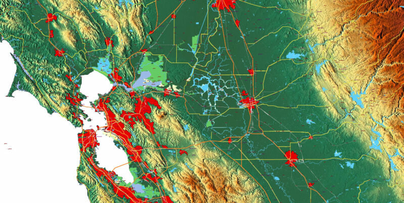 _California State US Map Vector Exact High Detailed Roads Map + Relief Topo (raster) editable Adobe Illustrator in layers