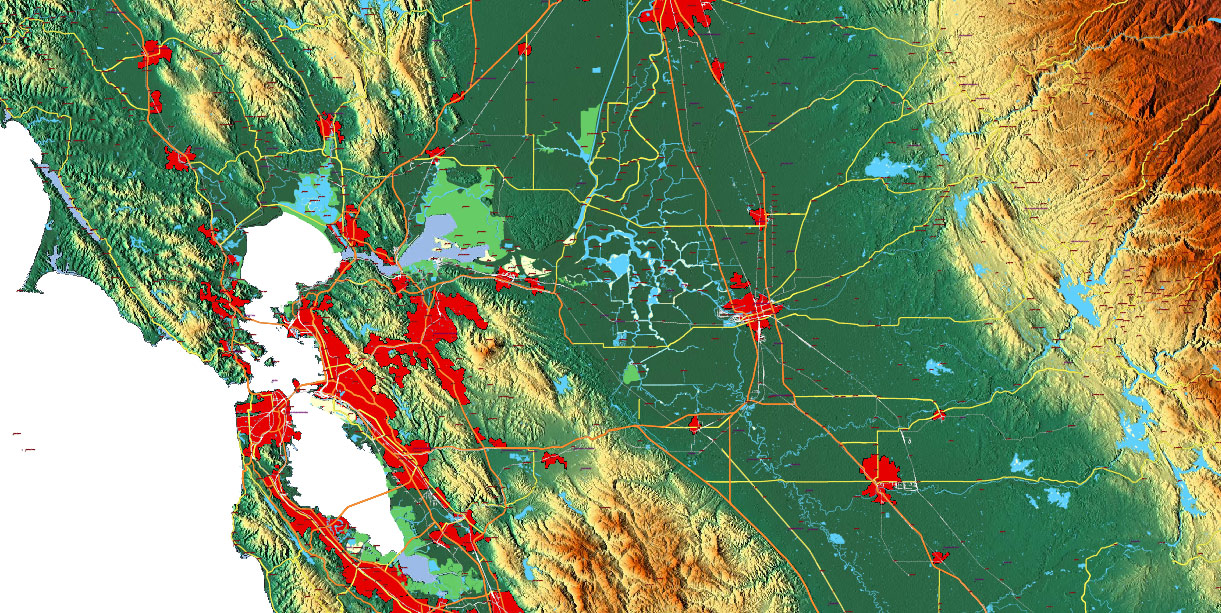 _California State US Map Vector Exact High Detailed Roads Map + Relief Topo (raster) editable Adobe Illustrator in layers